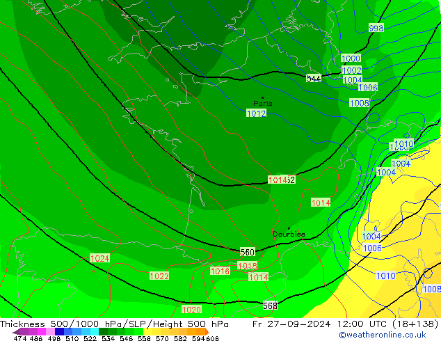 Dikte 500-1000hPa GFS vr 27.09.2024 12 UTC