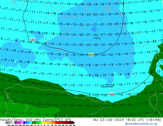 Height/Temp. 500 hPa GFS Mo 23.09.2024 18 UTC