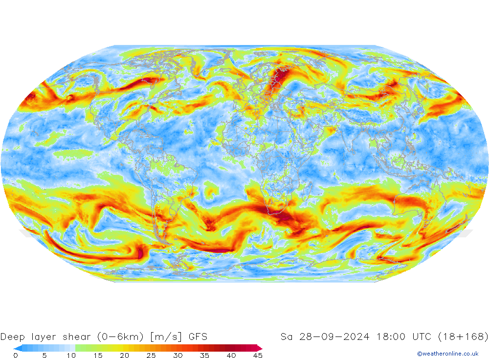 Deep layer shear (0-6km) GFS Sa 28.09.2024 18 UTC