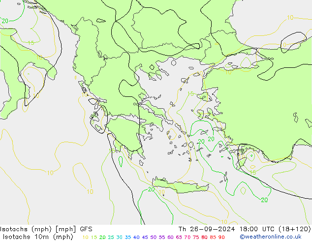 Isotachen (mph) GFS do 26.09.2024 18 UTC