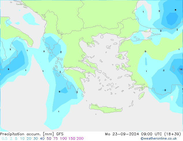 Totale neerslag GFS ma 23.09.2024 09 UTC