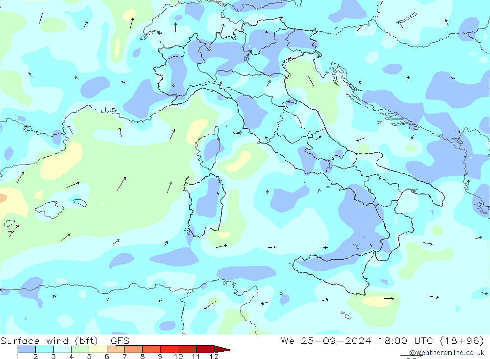 Surface wind (bft) GFS We 25.09.2024 18 UTC