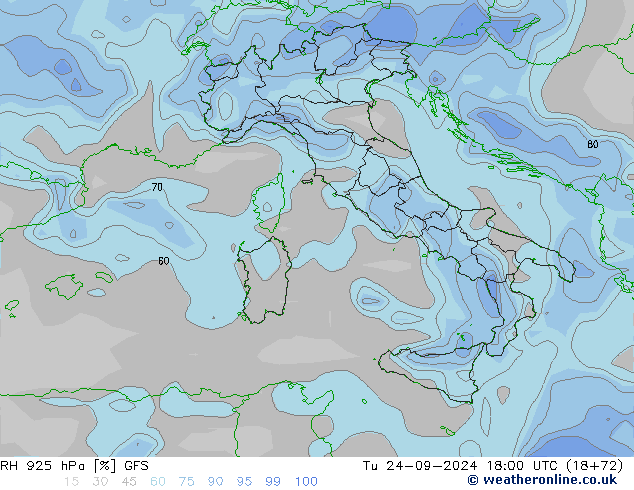 RH 925 hPa GFS Tu 24.09.2024 18 UTC