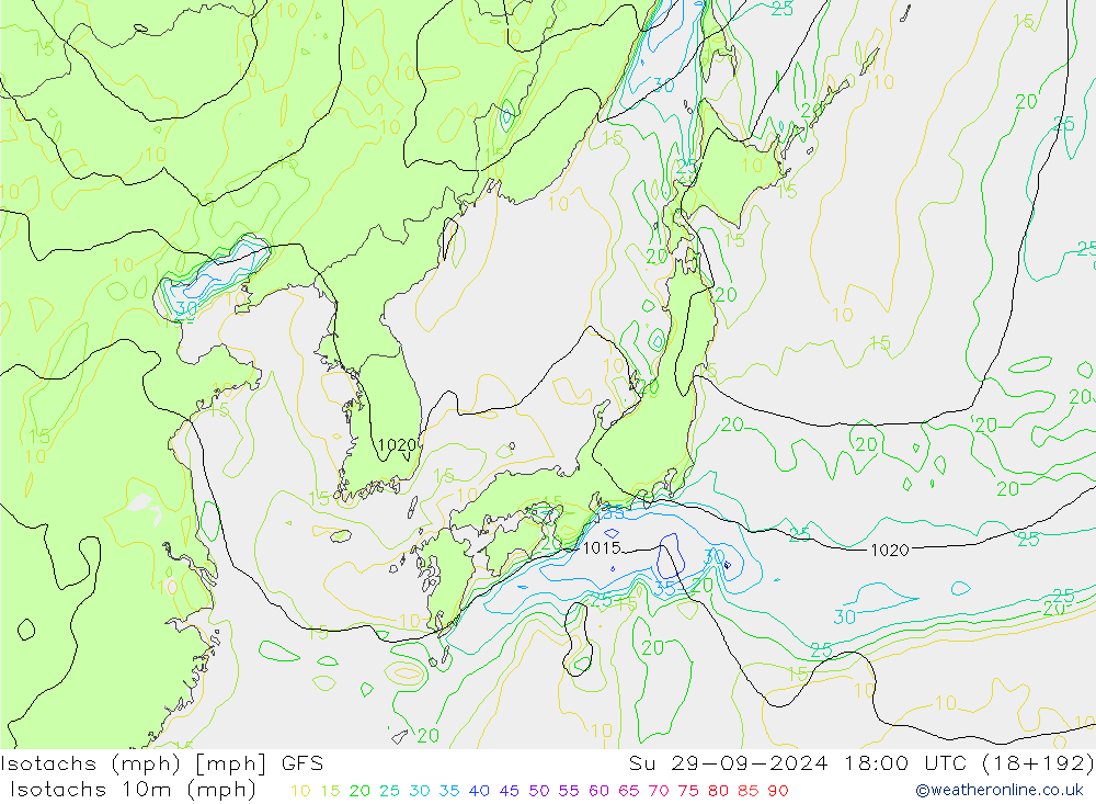 Isotachen (mph) GFS zo 29.09.2024 18 UTC