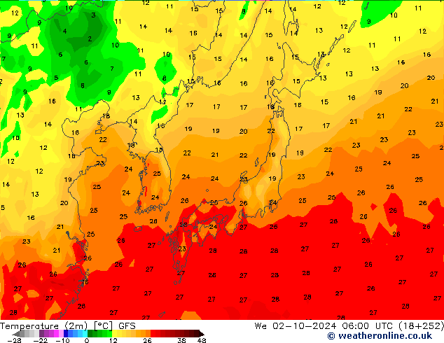 Temperatura (2m) GFS mer 02.10.2024 06 UTC