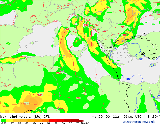 Max. wind velocity GFS lun 30.09.2024 06 UTC