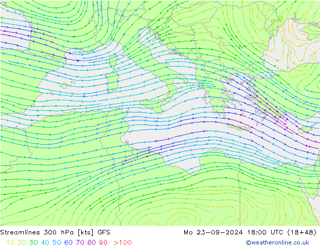 Streamlines 300 hPa GFS Mo 23.09.2024 18 UTC