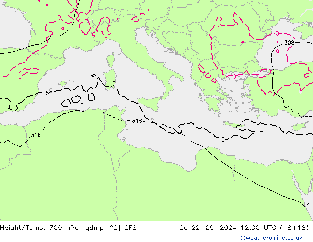 Height/Temp. 700 hPa GFS Su 22.09.2024 12 UTC