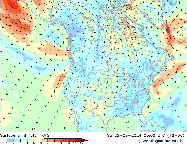 �N 10 米 (bft) GFS 星期日 22.09.2024 00 UTC