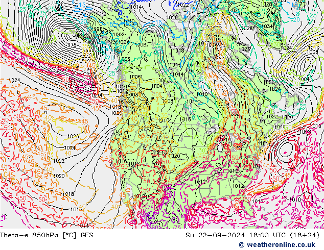 Theta-e 850hPa GFS 星期日 22.09.2024 18 UTC