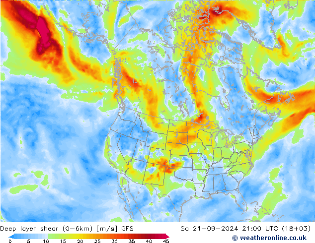 Deep layer shear (0-6km) GFS 星期六 21.09.2024 21 UTC