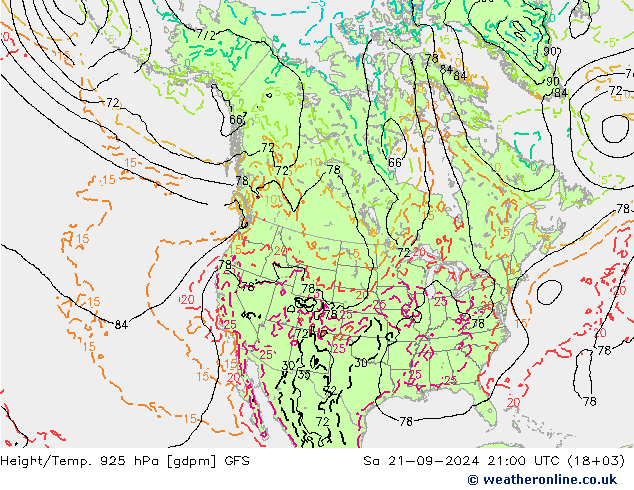 Height/Temp. 925 hPa GFS 星期六 21.09.2024 21 UTC