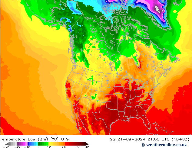 Temperatura mín. (2m) GFS sáb 21.09.2024 21 UTC