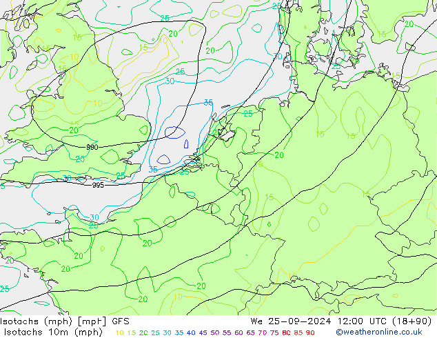 Isotachs (mph) GFS We 25.09.2024 12 UTC