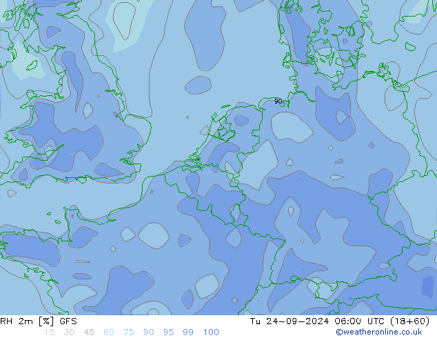 RH 2m GFS 星期二 24.09.2024 06 UTC