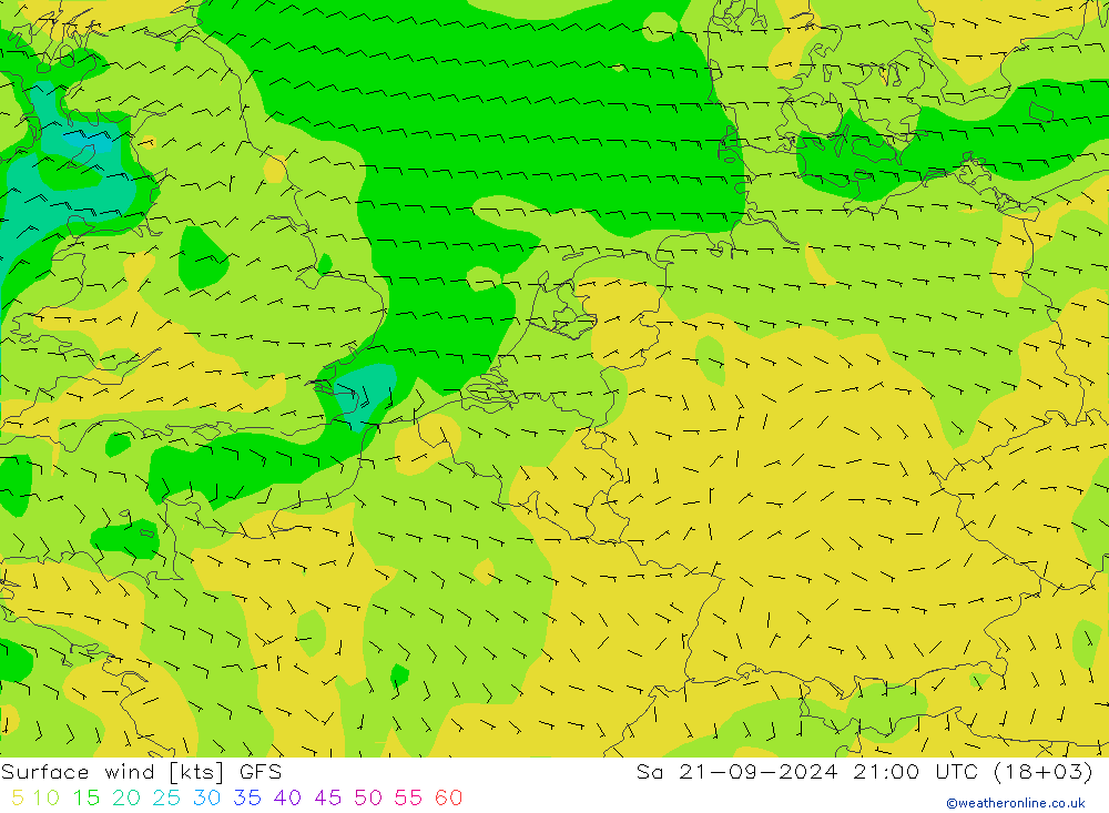 Vento 10 m GFS sab 21.09.2024 21 UTC