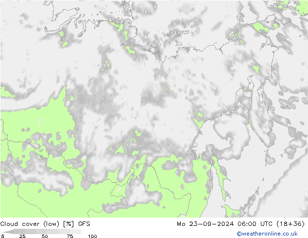 Cloud cover (low) GFS Mo 23.09.2024 06 UTC