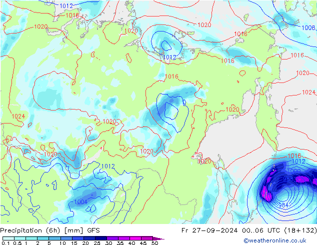 Totale neerslag (6h) GFS vr 27.09.2024 06 UTC