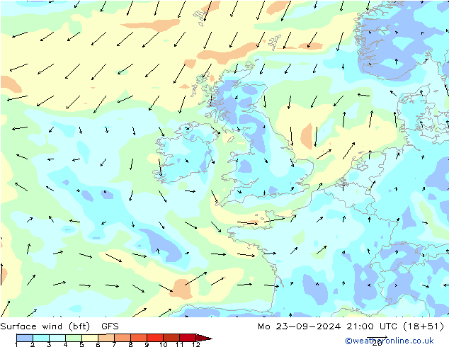 Bodenwind (bft) GFS Mo 23.09.2024 21 UTC