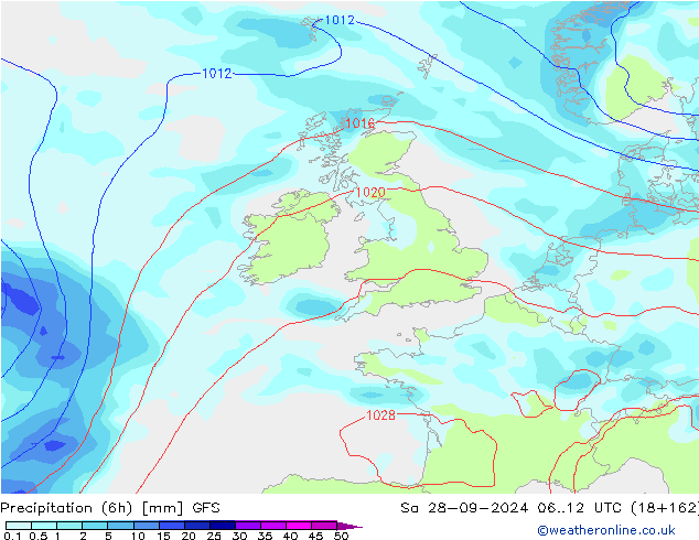 Precipitation (6h) GFS So 28.09.2024 12 UTC