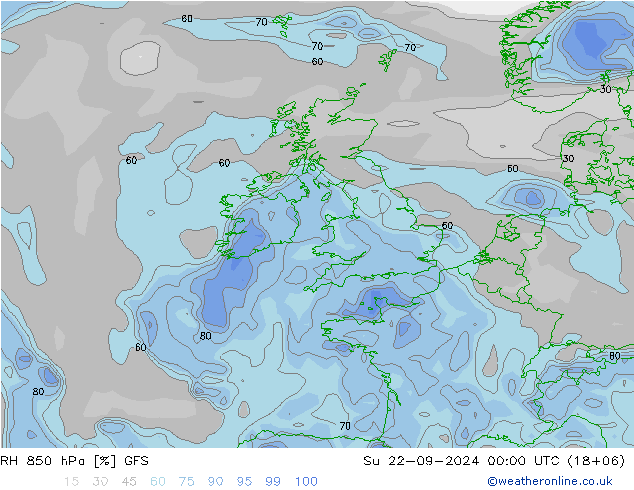 RH 850 hPa GFS Su 22.09.2024 00 UTC