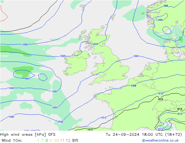 High wind areas GFS вт 24.09.2024 18 UTC