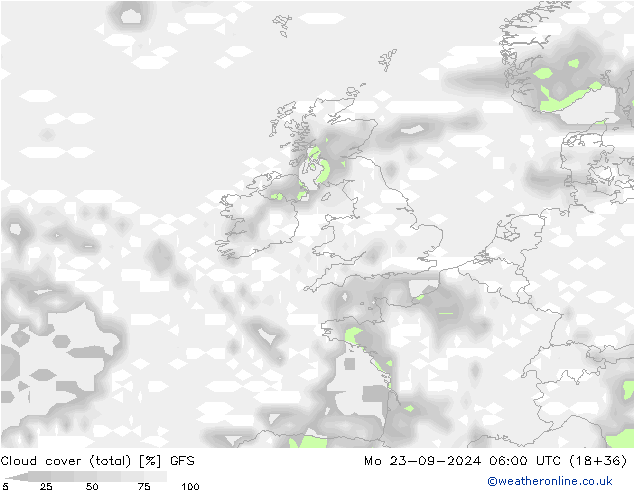 Cloud cover (total) GFS Mo 23.09.2024 06 UTC