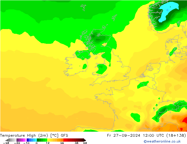 Max.temperatuur (2m) GFS vr 27.09.2024 12 UTC