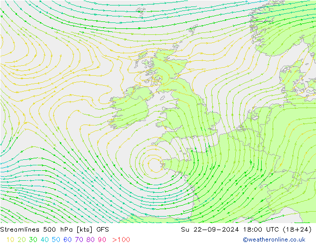 Streamlines 500 hPa GFS Ne 22.09.2024 18 UTC