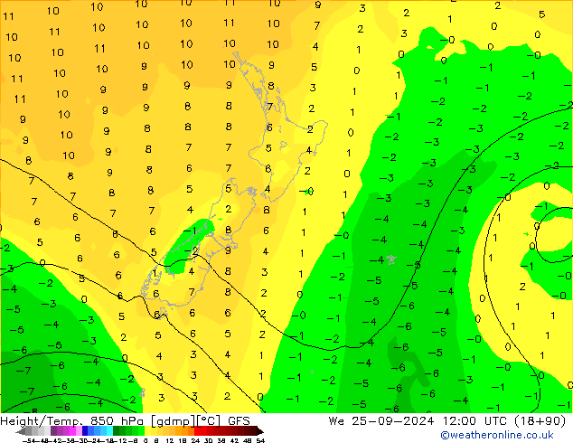 Hoogte/Temp. 850 hPa GFS wo 25.09.2024 12 UTC