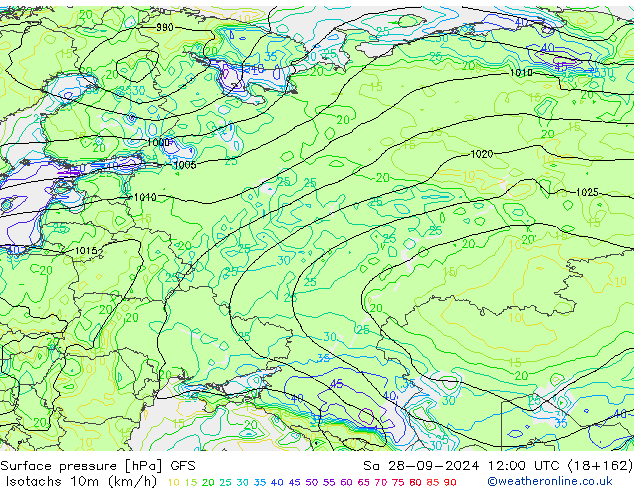 Isotachs (kph) GFS сб 28.09.2024 12 UTC