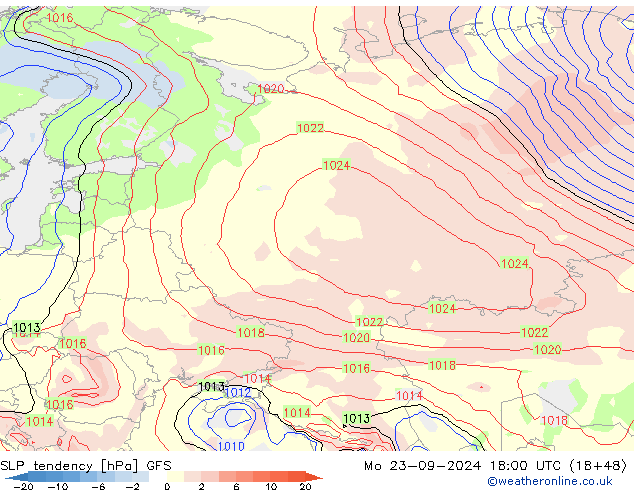 SLP tendency GFS Mo 23.09.2024 18 UTC