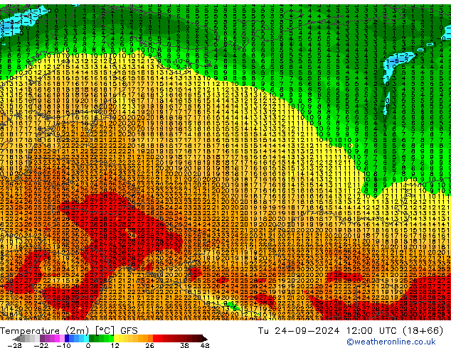 Temperatura (2m) GFS mar 24.09.2024 12 UTC