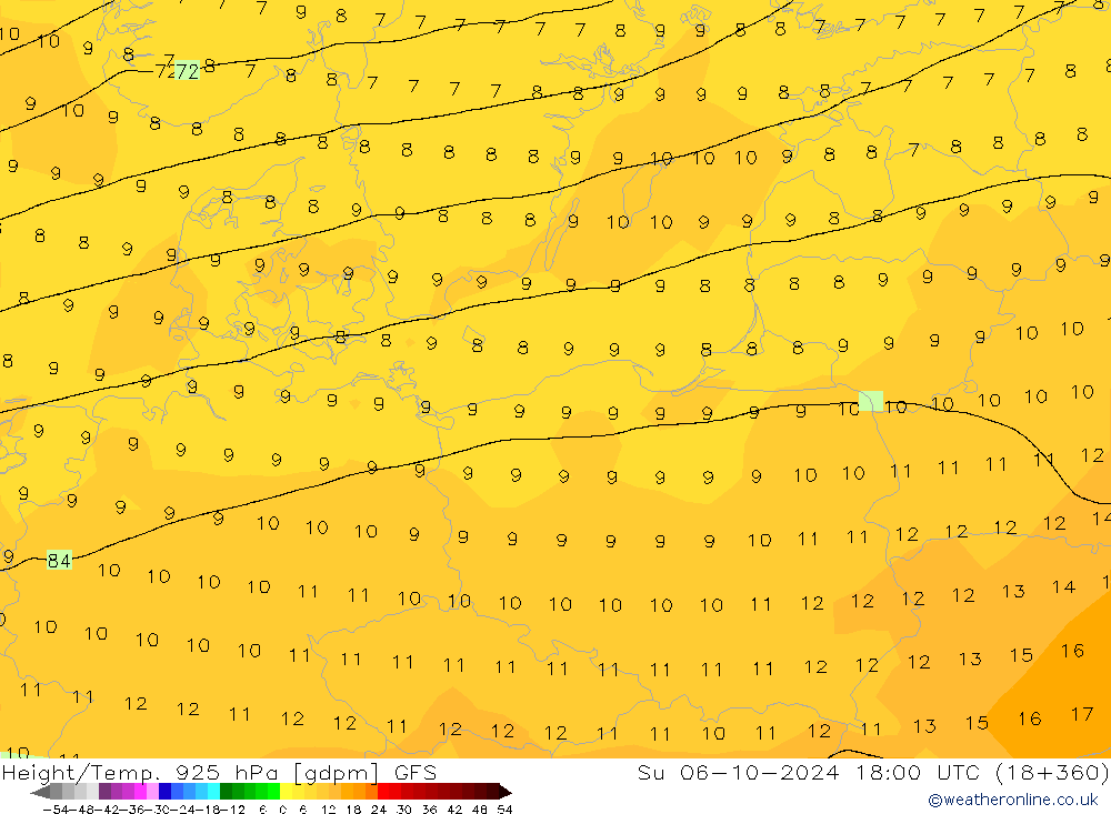 Height/Temp. 925 hPa GFS Su 06.10.2024 18 UTC