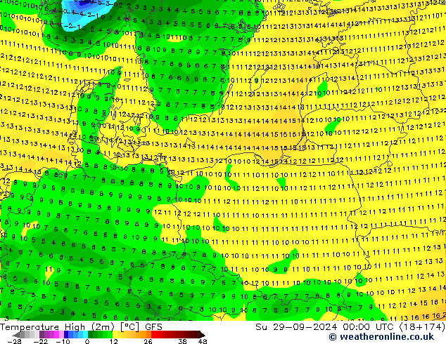 Temperature High (2m) GFS Su 29.09.2024 00 UTC