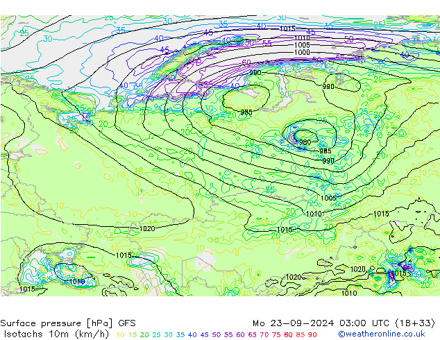 Isotachs (kph) GFS Mo 23.09.2024 03 UTC