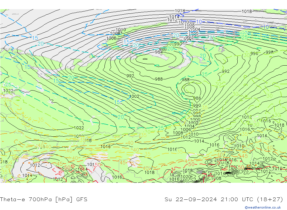 Theta-e 700hPa GFS Su 22.09.2024 21 UTC