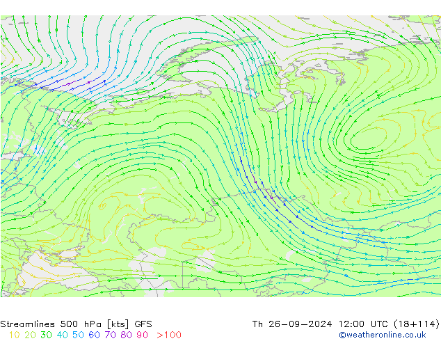 Linea di flusso 500 hPa GFS gio 26.09.2024 12 UTC