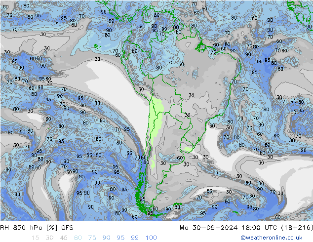 RH 850 hPa GFS lun 30.09.2024 18 UTC