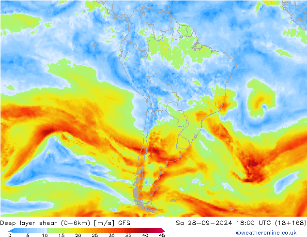 Deep layer shear (0-6km) GFS Cts 28.09.2024 18 UTC