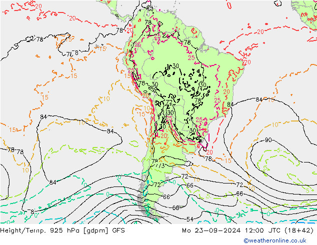 Height/Temp. 925 hPa GFS Mo 23.09.2024 12 UTC