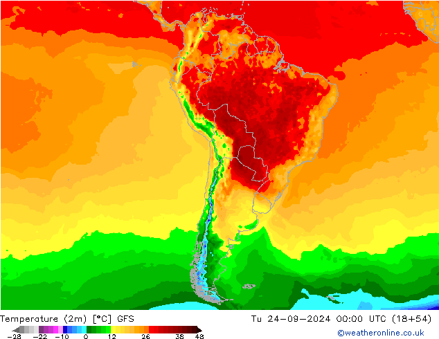 Temperatuurkaart (2m) GFS di 24.09.2024 00 UTC