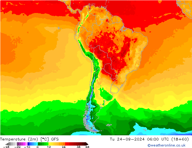 Temperature (2m) GFS Tu 24.09.2024 06 UTC