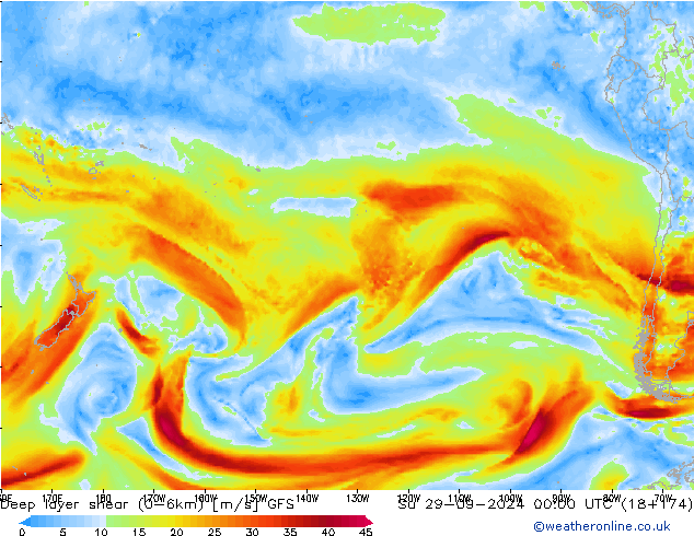 Deep layer shear (0-6km) GFS Su 29.09.2024 00 UTC