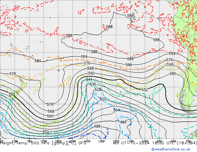 Z500/Rain (+SLP)/Z850 GFS lun 07.10.2024 18 UTC