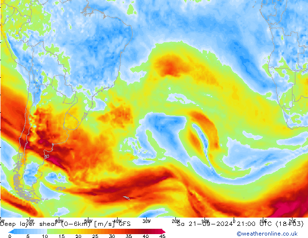 Deep layer shear (0-6km) GFS So 21.09.2024 21 UTC