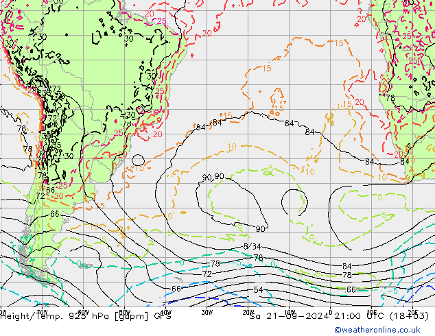 Height/Temp. 925 hPa GFS So 21.09.2024 21 UTC