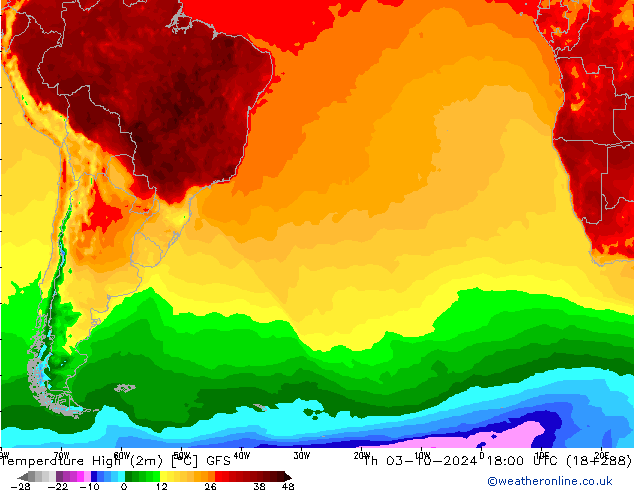 Temperature High (2m) GFS Th 03.10.2024 18 UTC