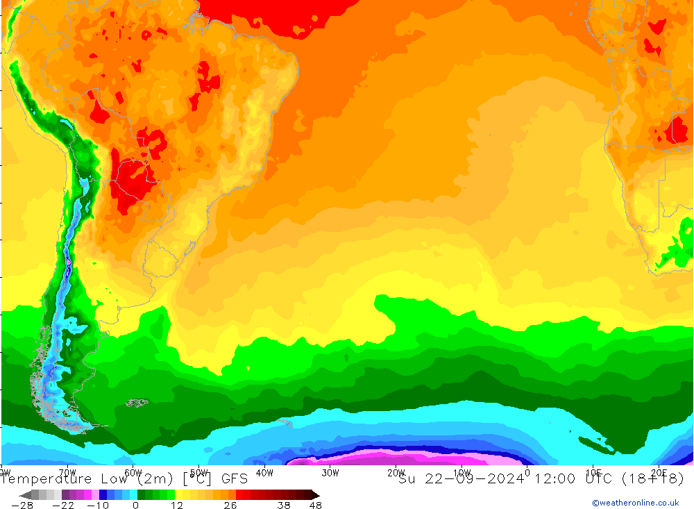 Min.temperatuur (2m) GFS zo 22.09.2024 12 UTC