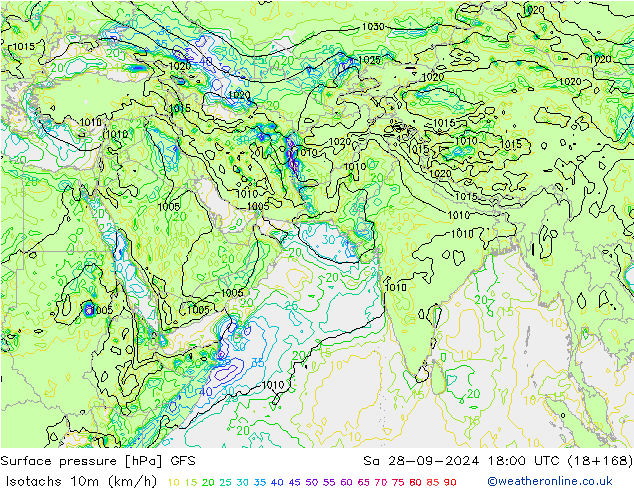 Isotachs (kph) GFS So 28.09.2024 18 UTC